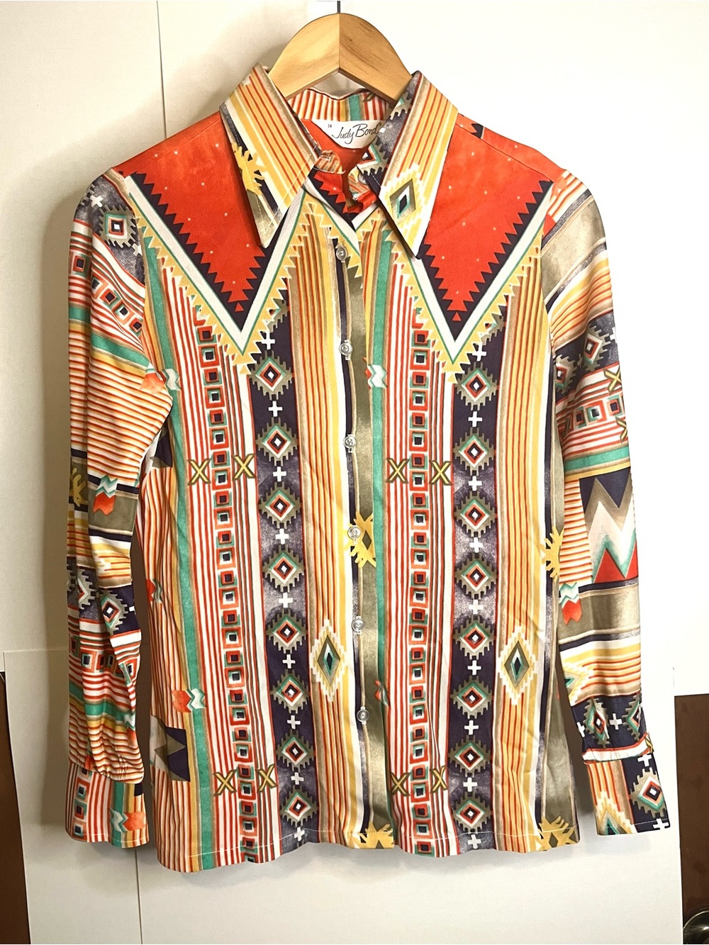 Judy Bond (VTG 14/Fits XS) Southwestern Print Polyester Button-Up Shirt 70s
